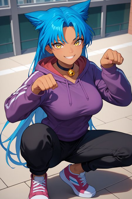 score_9, score_8_up, score_7_up, score_6_up, source_anime, 1girl, solo <lora:suzume-pdxl-nvwls-v1-000005:1> rnSzme, blue hair, long hair, yellow eyes, dark-skinned female, black choker, neck bell, purple hoodie, smirk, looking at you, paw pose, large breasts, black pants, track pants, squatting, city, sneakers, from above