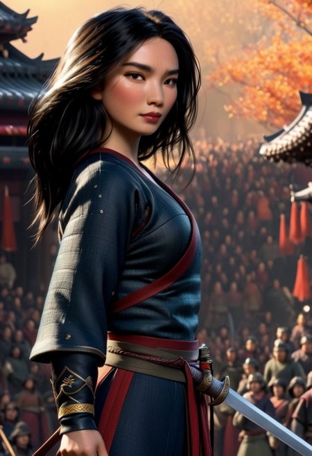 Realistic, , Mulan, original style, majestic,  holding katana
