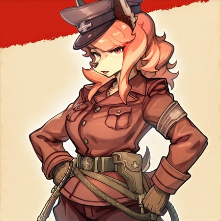 score_9,score_8,score_7,source_furry,
<solo:1.5>,
<1girl:1.5>,
flam_kish, dog girl, flam_fuga, red hair, 
official style, official art,
( art by em (totsuzen no hakike) ) ,,
flam_kish_fuga, dog girl, flam_kish, flam_fuga, fanart, alternate style, 1girl, furry female, furry, red background, solo, hat, tail, animal ears, belt, long hair, gloves, pants, uniform, dog ears, red eyes, hand on hip, looking at viewer, military uniform, jacket, snout, breasts, military, pocket, cowboy shot, brown gloves, long sleeves, weapon, gun, holding,
 <lora:Flam_Kish_Fuga:1> flam_kish