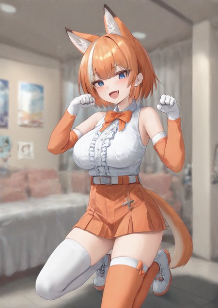 1girl, caracal (kemono friends), huge breast, :d, animal ears, ankle boots, arm at side, belt, black hair, blue eyes, blush, boots, bow, bowtie, breasts, center frills, clenched hands, cross-laced clothes, cross-laced skirt, double-parted bangs, elbow gloves, fang, flipped hair, footwear bow, frilled shirt, frills, full body, gloves, hand up, high-waist skirt, leg up, looking at viewer, miniskirt, multicolored hair, open mouth, orange bow, orange bowtie, orange gloves, orange hair, orange skirt, orange tail, orange thighhighs, paw pose, shirt, shirt tucked in, shoes, sidelocks, skirt, sleeveless, sleeveless shirt, smile, solo, standing, standing on one leg, streaked hair, tachi-e, tail, thighhighs, transparent background, two-tone gloves, white belt, white bow, white footwear, white gloves, white hair, white shirt, zettai ryouiki, zPDXL3  <lora:MIHO:1>