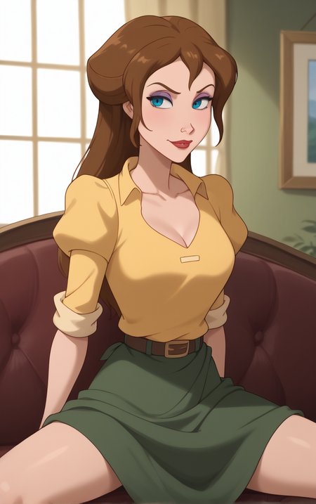 score_9, score_8_up, score_7_up, looking at viewer,  BREAK
MainOutfit_JanePorter_ownwaifu, 
1girl, blue eyes, breasts, brown hair, long hair, makeup, lipstick, ponytail, eyeshadow, medium breasts, lips, red lips, 
yellow shirt, collared shirt, green sarong, green skirt, long skirt, puffy sleeves, sleeves rolled up, short sleeves, puffy short sleeves, sleeves pushed up, juliet sleeves, belt, cleavage, collarbone,
(sitting, spread legs), arms behind back, couch, window shade, indoors, <lora:PONYXL_Tarzan_JanePorter_ownwaifu:1> , depth of field, solo,