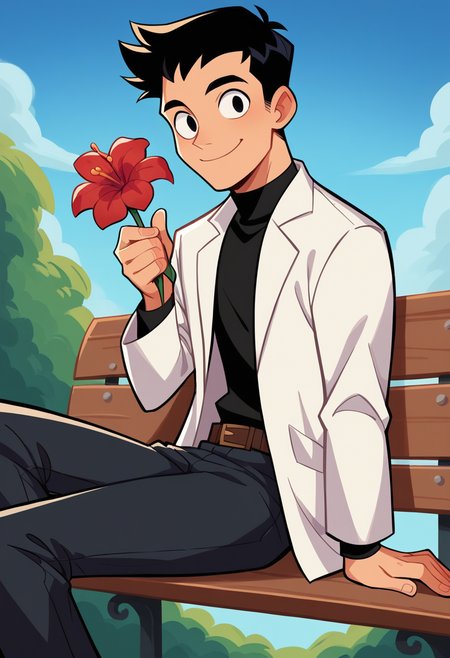 score_9, score_8_up, score_7_up,score_6_up BREAK ict style,1boy,solo,black hair,short hair, black eyes,white jacket,black pants,sitting,looking at viewer,blue sky,smile, turtleneck,long sleeves,bench, tree,holding flower,red flower,happy, from side,(from below:0.8),brown belt, hand up, open jacket,popped collar, closed mouth   <lora:ShaneGlinesPony:1>