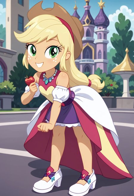 score_9, score_8_up, score_7_up, score_6_up, from My Little Pony Equestria Girls, a very young little human girl Applejack wearing a fit blue|sky|green|brown|darkpurple|red|yellow gradients colors short princess dress, elegant detailed princess shoes, solo, 1girl, little princess girl, gradient golden blond hair with crown hairband, smile, childhood, looking at viewer, glow detailed eyes, garden of canterlot, tul, chiffon, laces, semi realistic cartoon, unreal engine 5,  full body close-up, absurdres, digital art, soft light, perfect hands, perfect, hands, perfection, soft orange skin, green eyes, apples accesories and shoes, jewelery, tres chic,<lora:age_slider_v4:-4>,