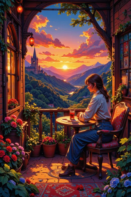 bohemian cafe beautiful  landscape, sunset, woman, very intricate, very detailed, sharp, bright, colorful, <lora:Hand v2:0.5> <lora:Anti-Blur:1><lora:Insane Detail Slider:0.25>  <lora:flux.1_lora_flyway_Epic-detail_v2:0.3> <lora:fluxenhancer:0.25>  <lora:Anime art - Variant 1:1>