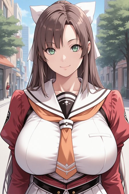 masterpiece, best quality, 1girl, solo, <lora:toudouerika-illu-nvwls-v1-000006:1> tdoeri, brown hair, long hair, green eyes, hair bow, white bow, big breasts, white sailor collar, orange necktie, red jacket, juliet sleeves, white shirt, white skirt, pleated skirt, upper body, looking at viewer, smile, blue sky, city street, tree