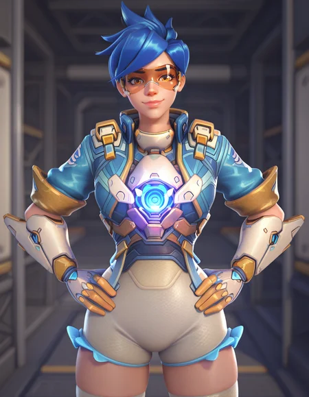 Masterpiece, high-res, 2k, best quality, 2.5d, 1girl, hero of heart, tracer (overwatch) , googles, harness, cowboy shot<lora:Hero_of_Heart_Tracer_Illus-000037:1> Hands on either hip, Cosmic Journey through Time and Space