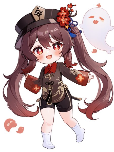 <lora:è¡æ¡:1>ï¼1girl, hu_tao_\(genshin_impact\), ghost, boo_tao_\(genshin_impact\), hat, chibi, red_eyes, brown_hair, twintails, solo, long_hair, symbol-shaped_pupils, simple_background, long_sleeves, looking_at_viewer, smile, white_background, flower, shorts, hat_flower, open_mouth, blush_stickers, black_shorts, :d, socks, ghost_pose, bangs, full_body, sidelocks, hair_between_eyes, :3, chinese_clothes, white_socks