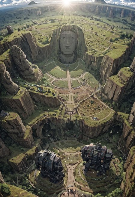 (Moai statue WITH Huge  mecha robots, ON easter island:1.5), 
(Ancient megalithic civilization, Azka Lines, on Easter Island:1.1), (The colonial city of the future, in the mist-filled Grand Canyon, on an unknown Earth-like planet, 2 moon on sky, Spaceship flight connects colonies, waterfulls:1), (Machu Picchu, a mountain settlement, incredibly spectacular:1),  (avant-garde, future, reality, science fiction, photorealistic), White limestone with black granite, fountain, waterfall, landmark, square, path, narrow street, (Large Files, Ultra Realistic, 8K, 16k, FHD, HD, VFX, Perfect, Photography, composition, Architecture Sales Photography, Architecture Competition, Ultra High Resolution, Cinematography, High Resolution Image:1), (dramatic lighting, direct sunlight, ray tracing, clear shadow:1), (real landscape:1), (blurred background:1.0), (urban background, more_details) ,
extremely detailed, industrialbuilding, drdnght machine, spstation, mayamaze, caveruinsAerial
