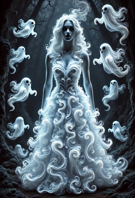 aidmafluxpro1.1, SW1RLYGH0ST, 
A pale woman is wearing a glowing dress made of ghosts. she has a pale skin, detailed blue eyes and red lipstick. The scene is set in a dark twisted forest where swirly ghosts are flying around here.
masterpiece, best quality