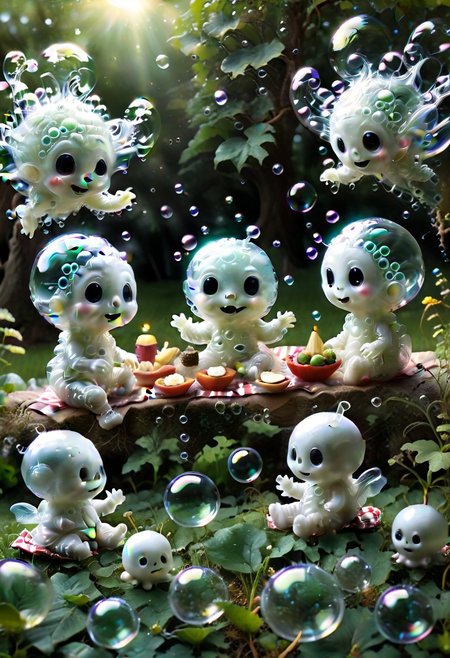 tiny little aliens having picknick with tiny cute llittle ghosts, made_of_bubbles