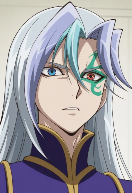 masterpiece,best quality,amazing quality, source_anime, 
chrisArclight, 1boy, male focus, solo, heterochromia, red eyes, blue eyes, green facial tattoo, multicolored hair, grey hair, blue hair, long hair, coat, purple coat,  portrait,