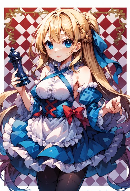 score_9, score_7_up, source_anime, BREAK   <lora:kamiya_yuu-Style-PonyXL-GLoRA:0.75> light smile, standing, holding chess piece, checkered background,, <lora:mxmarina:1> mxmarina, french braid, half updo, Hair ribbon, frilled choker, criss-cross halter, sleeveless dress, high-waist skirt, backless dress, blue dress, waist blue bow, detached sleeves, frilled sleeves, wide sleeves, blue sleeves, black pantyhose, patterned legwear, pinstripe pantyhose, mary janes,