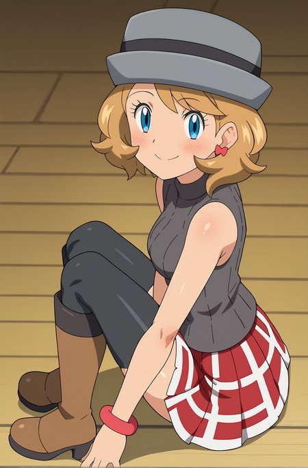 score_9, score_8_up, score_7_up, source anime, anime, animification, anime screencap, anime coloring, vivid colors, shiny skin, skindentation, deep skin, depth of field, high quality, highres, (dynamic angle,dynamic pose),
serenaj, 1girl, solo, looking at viewer, blush, smile, short hair, blue eyes, skirt, blonde hair, thighhighs, hat, jewelry, sitting, closed mouth, heart, pleated skirt, earrings, boots, sleeveless, shiny, black thighhighs, bracelet, from side, bare arms, eyelashes, red skirt, turtleneck, brown footwear, sweater vest, sleeveless turtleneck, grey headwear, serena \(pokemon\)
BREAK
masterpiece, high quality
<lora:Serena_Journeys:0.9>