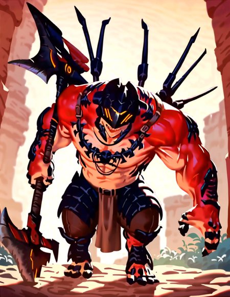anime artwork score_9, score_8_up, score_7_up, best quality, high quality, highly detailed, cel shading, source_cartoon, <lora:Smooth Style LoRA XL:0.6> drakahlcru, sharp teeth, metallic helmet, orange eyes, muscular humanoid, dark red fleshy skin,  holding weapon<lora:Drakahl_Crucible:0.8> detailed background