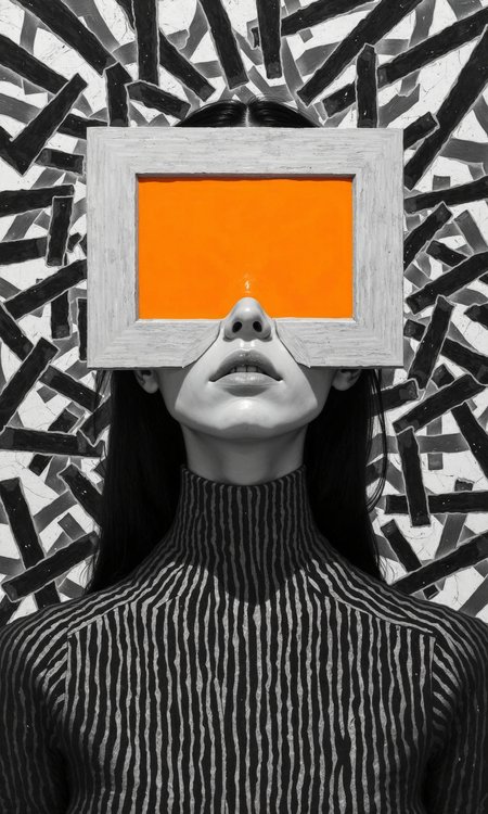 Close-up black and white portrait of a woman. 
The woman's face and upper torso are the focal point. Her face is obscured by a rectangular, light gray frame with a bright, solid orange/yellowish-orange rectangle/screen-like area obscuring her eyes. 
Her neck and upper torso are rendered with a series of vertical, highly stylized, almost 3D-looking, black and white stripes. The stripes create a sense of depth and texture, giving the impression of flowing lines.
The background is a complex pattern of black and white intersecting, zigzagging, or diagonal lines, which create an optical illusion or maze effect. The pattern of the background is in harmony with the stripes of the woman.
The overall impression is of a futuristic, abstract, and potentially conceptual art piece, with a strong emphasis on geometric forms and graphic design principles. The dark and light contrasts, along with the unusual framing of the subject's face, draw attention to the image's theme., <lora:FLUX-daubrez-DB4RZ-v2:1> DB4RZ, DB4RZ style painting