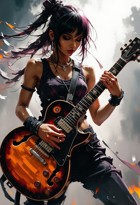 Female japanese heavy metal guitarist playing guitar on stage, long flowing hair, earrings, dark eyeshadow red lips, flying V gibson guitar with black and orange flame livery, sexy aura, silhouetted light hitting one side of her