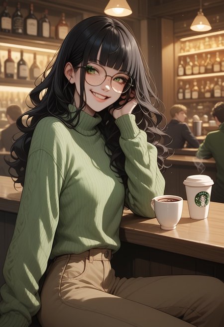 score_9, score_8_up, score_7_up, score_6_up, score_5_up, score_4_up, 1woman, Claudia, ClaudiaRH, long  black hair, wavy hair, blunt bangs, green eyes, big squared eyeglasses, small breasts, slim, pale skin, freckles, green sweater, brown pants, sitting, bar, cup of coffee, crowded, smiling, looking away, happy, angled view,
