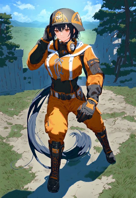 masterpiece, high score, great score, absurdres, V4NGU4RD, 1boy, male focus solo, headphones around neck, black bodysuit, gloves, black hair, orange jacket, orange pants,, bolero, belt, Vanguard Breeches of Striking, vanguard bolero of striking, model tactical boots, vanguard helmet , outdoors