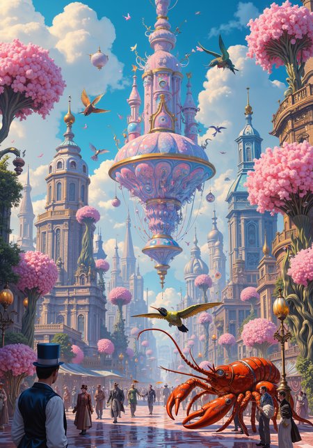 Hyper-realistic 8K rendering of a colossal, iridescent soap bubble city floating amidst cotton candy cumulus clouds, populated by dapper penguin aristocrats wearing monocles and top hats made of crystallized honey. Steampunk-inspired jellyfish airships with brass gears and velvet tentacles navigate between skyscrapers crafted from intricately folded origami money. Streets paved with shimmering fish scales lead to plazas where sentient teapots conduct orchestras of singing vinyl records. Holographic hummingbirds with kaleidoscopic wings pollinate neon fractals growing from art deco lampposts. In the foreground, a gigantic clockwork lobster with Swiss watch components for claws juggles watermelon-sized pearls. Masterpiece, intricate details, surreal lighting, impossible physics. <lora:RM_JamesJean_v0.5:0.2> <lora:Vintage comic book:0.7> <lora:é£æ ¼å-è¶ç°å®:0.4> <lora:flux_dev:1>