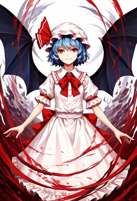 score_9, score_8_up, score_7_up, score_6_up, score_5_up, score_4_up, source_anime, solo, 1girl, 
r3mil1a_sc4rlet, hat, red eyes, blue hair, wings, smile, short hair, bat wings, ribbon, short sleeves, mob cap, 
masterpiece, best quality, very aesthetic, absurdres,
