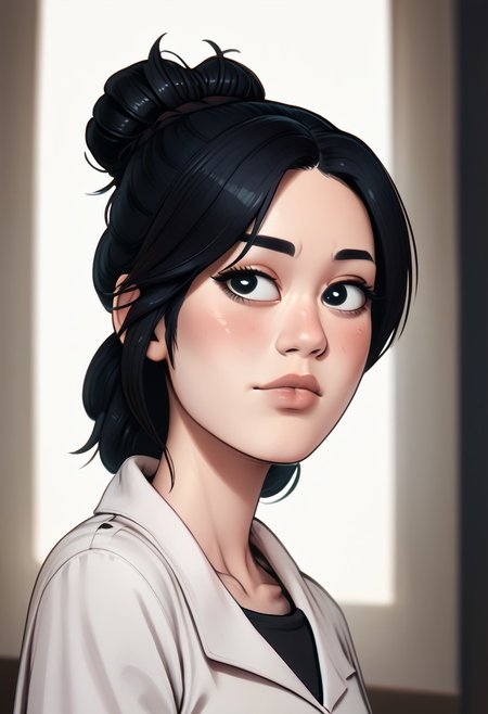 score_9, score_8_up, score_7_up, score_6_up, PRSNL_3_1, uncensored, pupils black dots, lips, upper body, best quality, masterpiece, 4k, realistic, warm light,
1girl, solo, cpnakamura, single bun, black hair, black eyes