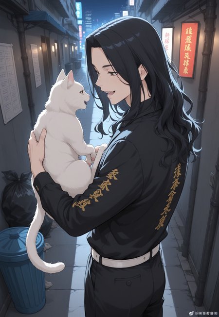 masterpiece, best quality, newest, absurdres, very aesthetic, highres, perspective, TRbaji, 1boy, male focus, black hair, long hair, curtained hair, wavy hair, back brown eyes, black collared shirt, long sleeves, kanji, white belt, black pants, cowboy shot, looking at animal, cat, holding animal, smile, tokyo, city, city light, night, alley, on trash can, trash bags, open mouth, teeth, fangs, 