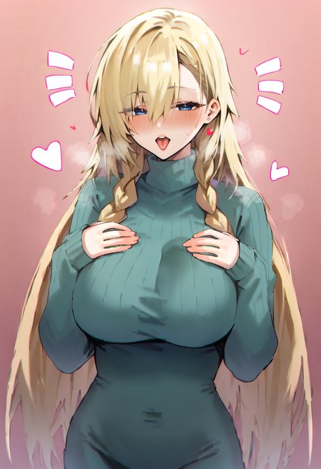 score_9, score_7_up,  1girl, 
big breasts, shawl, sweater, braid, open mouth, pink background, teeth, tongue, hair between eyes, eyes visible through hair, long hair, ribbed sweater, looking at viewer, pink shawl, sweater dress, alternate hairstyle, heart, solo, turtleneck sweater, very long hair, sidelocks, blue eyes, breasts, dress, blonde hair, long sleeves, twin braids, turtleneck, eyelashes, blush, sleeves past wrists, hands on own breasts, alternate costume, standing, grey dress, medium breasts
 <lora:horn_wood-Style-PonyXL-Dora-000046:1>