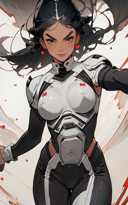 ((masterpiece, best quality)),  solo, looking at viewer, amazon_woman whit black hair wearing spacesuit, long hair, "Eyebrow raise with a smirk", "Shag hairstyle" hair, "Hands forming a heart shape" pose , skin tight,  depth of field, light particles,
 <lora:GoodHands-beta2:1>,
<lora:BrazilianWomanAmazon_V1.0:1>,
<lora:muscle_slider_v1:2>,
<lora:weight_slider_v2:-1>,
<lora:hair_length_slider_v1:1>,
 <lora:spacesuitV1.0:0.7>,
 <lora:wuxia2:1>
