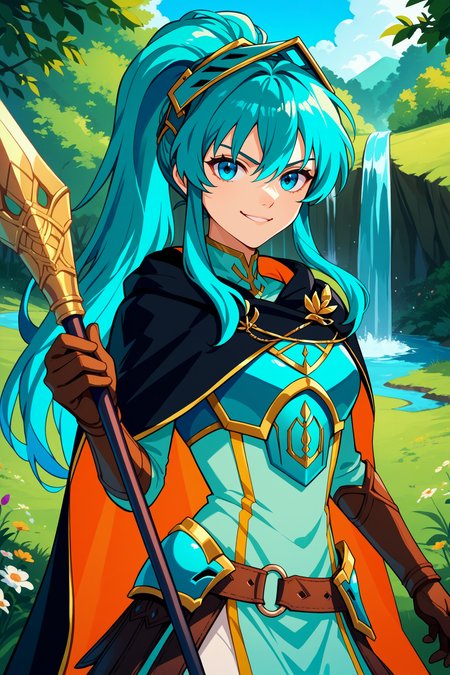 score_9, score_8_up, score_7_up, score_6_up, source_anime, 1girl, solo  <lora:braveeirika-pdxl-nvwls-v1-000005:1> brvEir, cyan hair, high ponytail, hair between eyes, armored visor, cyan armor, red and black cape, breastplate, cyan dress, belt, brown gloves, cyan greaves, smirk, waterfall, field, forest, looking at you, holding spear