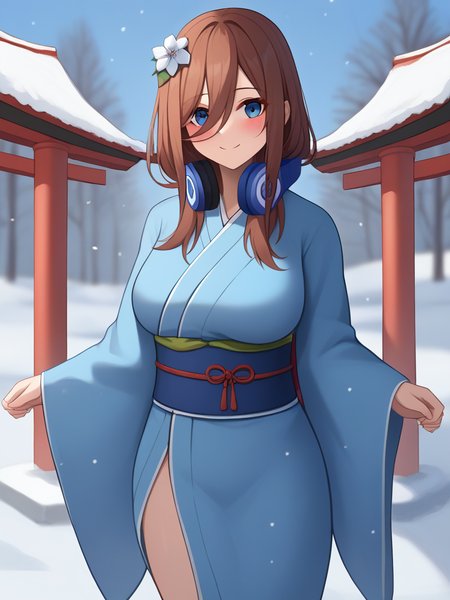 score_9,score_8_up,score_7_up,<lora:go-toubun_no_hanayome_5girl:1>,omikuji,smile,absurdres,headphones_around_neck,looking_at_viewer,hair_flower,snow,shrine,torii,nakano_miku,blush,obi,cowboy_shot,1girl,solo,highres,wide_sleeves,blue_kimono,