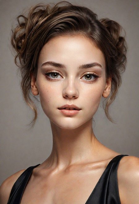A detailed portrait of a young woman exuding elegance and natural grace. She has a voluminous updo hairstyle with wisps of hair tenderly framing her face. Her hazel eyes are accentuated by tasteful makeup, s. She wears a high-necked black top, suggesting a blend of casual refinement. The lighting should illuminate her face against a subdued background, emphasizing her calm and confident expression. High Fashion, dynamic, dramatic, elegant, High fashion supermodel, avant garde style
fFaceDetaile
