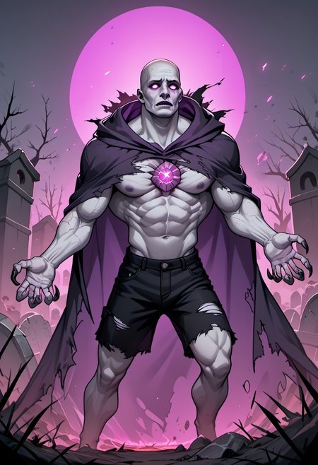 score_9, score_8_up, score_7_up, massive undead, ghoul, male, grotesque build, pale gray skin, bald, elongated clawed hands, glowing purple eyes, torn purple tattered cloak, clasp for cloak, black shorts, purple gemstone in chest, sharp claws, dark and menacing, fantasy graveyard background, swirling mist, eerie atmosphere