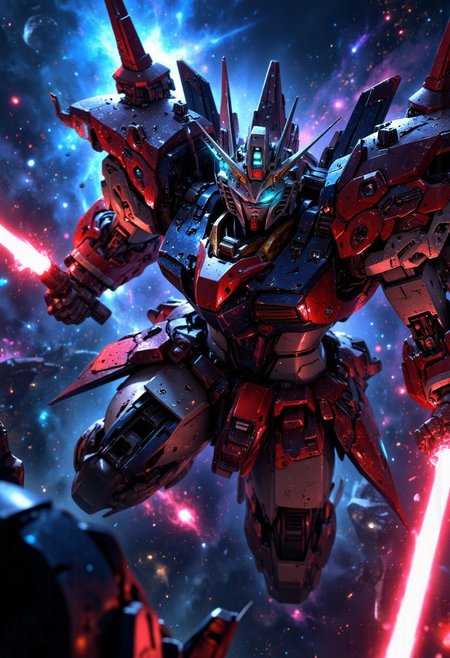 gundam war, (gundam:1.5), war machine, (dramatic angle:1.5), solo_focus, looking at viewer, light_up, vivid, sharp, shine, cinematic_lighting, (all intricate), (best quality), (game CG),
holding light saber, canon, laser beam, space, galaxy, war, space ships, precise and powerful, high-tech machinery, sparks flying, mecha, robot, glowing, ef_ffct,
(blue,red:1.3)