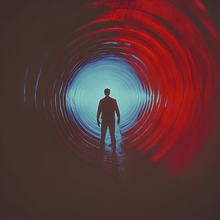 <lora:SurrealHorrorMovieSDXL:1> Surreal Retro Horror movie Still, The image shows a man standing in the middle of a red and blue tunnel with a dark background., silhouette, 1boy, solo, male focus, standing, red theme, from behind, short hair, facing away, monochrome