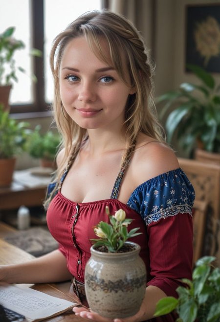 <lora:RPGHerbalist:1> (herbalist:1.1),  blurry background, red blouse with flower print,  looking at viewer, depth of field, (realistic:1.1), (working at her desk:1.3), jar, potted plant, plant, shirt, smile, wavy hair, mug, bowl, apple, bare shoulders, blonde hair, blue eyes, braid, shot with Nikon D850 SLRQ with 100mm lens and aperture F 2 framing her but with shallow depth of field, intricate detail, dark environment,