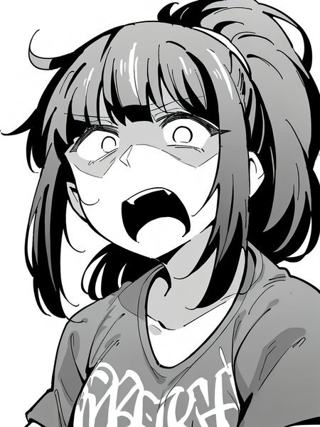 score_9, score_8_up, score_7_up,  
1girl, monochrome, black hair, ponytail, face, close-up, white background, t-shirt,


looking at viewer, constricted pupils, white eyes, open mouth, 
