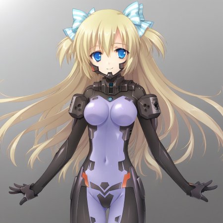 4k,masterpiece,best quality,absurdres,1girl,schwarzesmarkenfortifiedsuit, pilot suit, impossible bodysuit,liz hohenstein, blonde hair, hair between eyes, sidelocks, hair bow, two side up, long hair, blue eyes, medium breasts,smile