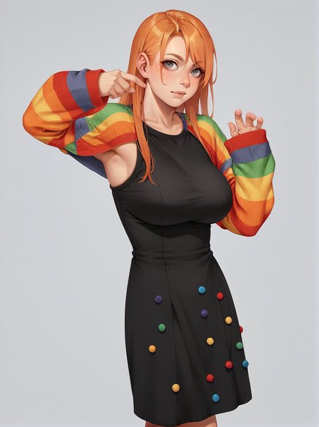 source_anime, score_9. score_8_up, score_7_up, score_6_up, score_5_up, score_4_up, (plump:0.3), large breasts, ginger hair, 1girl,  <lora:p0mp0mdr3ssXLP:0.6> simple background, p0mp0mdr3ss, long sleeves, black dress with pompoms, striped, sleeves past wrists, sweater, multicolored clothes, long hair,