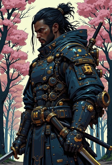 A (full body portrait:1.4) of a 26 year old African american man. He has long black hair in dread locks tied up. He has a short beard. He is wearing futuristic, black samurai armor with gold accents. He holds a katana in a (fighting stance). He is in a cherry blossom tree Grove. 
There is a scar over his left eye. 
cyberpunk, high-quality digital artwork, detailed background