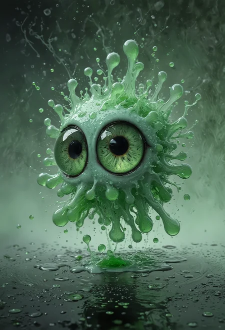 In a cool grey-toned background, a splash of bright mint green paint with large shiny cartoony black eyes, surrounded by lighter green embers, its body and tendrils have a glossy dripping quality with tiny bubbles and dynamic splashes that give a sense of movement, frozen mid-splash, <lora:xl_more_art-full_v1:0.4>, <lora:add-detail-xl:1>, <lora:MJ52:0.4>