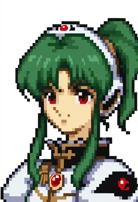 score_9, score_8_up, score_7_up, source_anime, 1girl, solo, smile,
<lora:zs_FE4PortraitsXL:1> fe4portraits, portrait, pixel art, white background
solo, ga_vanilla, (1990s\(style)\:0.3),  military uniform, puffy long sleeves,  headgear, green hair, ponytail, sidelocks, bangs, red eyes,<lora:ga_vanilla:1>