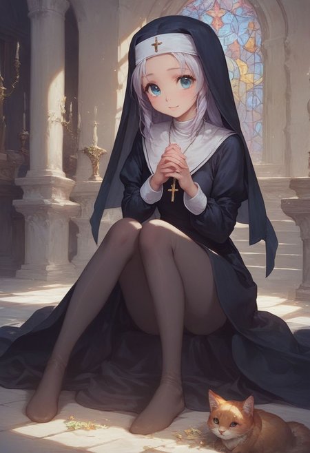 score_9, score_8_up, score_7_up, maria, nun,1girl, long hair, detailed blue eyes, cute, adorable, innocent, full body shot, detailed, pure, soft, sitting