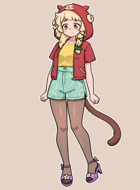 1girl, solo,  <lora:BananaJuju:0.8> bananajuju, blonde hair, brown eyes, freckles, monkey tail,
red open hoodie, aran hoodie, short sleeves , hood up, yellow polo shirt, short sleeves, aqua see-through shorts, brown high-waist pantyhose, purple high heel slides, standing, gentle lean, soft eyes, warm smile, serene affection,
 <lora:AcanthAI-IL:0.9> acanthai, extremely detailed, highres, masterpiece, best quality