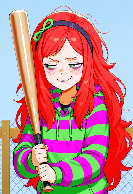 masterpiece, best quality, absurdres, anime screenshot, 1girl, solo, female focus, ViviJa, green eyes, red hair, very long hair, messy hair, asymmetrical bangs, parted bangs, sidelocks, freckles, bags under eyes,hairband, ribbon hair ornament, infinity symbol, green ribbon, black shirt, striped hoodie, green hoodie, purple hoodie, hood down, costanza face, skeptical expression, narrowed eyes, smirk, holding object, holding baseball bat, blue background, fence
