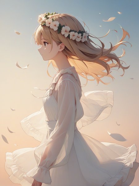 score_9, score_8_up, score_7_up, score_6_up, source_anime, <lora:cutesy_dress_v0.2-pony:1> 
1girl, brown hair, blonde hair, 
white dress, frilled dress, sleeves past wrists, see-through,
from side, profile, head wreath, sky, wind,