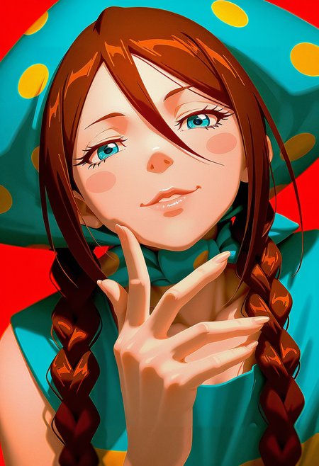 anime artwork cinematic film still concept art masterpiece, best quality, amazing quality, intricate detail, highly detailed, absurdres,
lubava, 1girl, braid, brown hair, solo,  blush stickers, blue eyes, twin braids, mature, sexy, breast,hat, polka dot,
absurdres. highres. masterpiece. newest:1.1). ultra-detailed illustration artwork. (solipsist:1.2), (painterly, painting \(medium\):1.2). (bleach artwork:0.6), neo-samurai theme, tokio theme. smug. leaning forward. dynamic pose. dutch angle. kuchiki rukia, 1girl solo. portrait facing viewer. straight-on. reaching towards viewer.  sharp fingernails. looking at viewer. half-closed eyes, narrowed eyes.  parted lips, lips. nose.  red background, simple background. yandere. d horror \(theme\). very aesthetic. beautiful and intricate . anime style, vibrant, studio anime, highly detailed
<lora:illustrious_noobai_epsilon_pred_1_best_quality_v1:1> masterpiece, best quality, very aesthetic, absurdres <lora:noobai_vpred_1_masterpieces_v23:1> masterpiece, best quality, very aesthetic <lora:lubava-20:1>  . digital artwork, illustrative, painterly, matte painting, highly detailed . shallow depth of field, vignette, highly detailed, high budget Hollywood movie, bokeh, cinemascope, moody, epic, gorgeous, film grain, grainy . anime style, vibrant, studio anime, highly detailed
