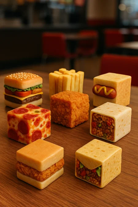 burgers, french fries, hotdogs, pizza, fried chicken, burrito, chicken sandwhich, taco, all in cube form, all cubes are the same size and are each unique, on a table, close-up, with depth of field and blurry background in a fast food restaurant 