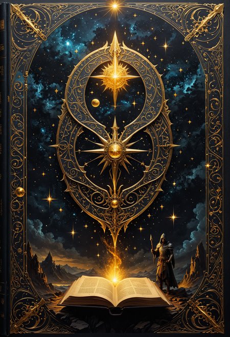 1970âs dark fantasy book, cover paper art dungeons and dragons, style drawing of a shadow starry skies, golden color, runes, dark theme, Perfect composition, masterpiece, best quality, 8K Ultra HD, Better hand.
OverallDetailXL <lora:SDXLFaeTastic2400:0.4> <lora:DetailMaximizer:0.55> detailmaximizer