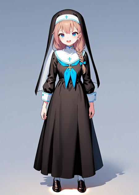 (best quality, masterpiece:1.2),
full body, 
1girl, solo,
petite, braid, 
brown hair, hair ribbon, looking at viewer, 
blue eyes, red pupils,
nun, black dress, long dress,
white legwear, black loafers, 
standing, 
highres,sharp focus,Professional,Impasto,
front view, wide shot, 
reality_ray_tracing,ambient_light,
simple background, grey background, 
<lora:ASYLJ77-000009-XL-02:0.9>