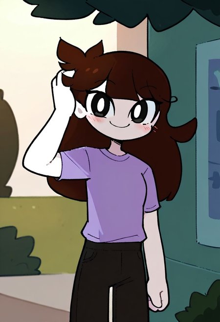 jaiden, 1girl, purple shirt, long hair, solo, brown hair, flat color, short sleeves, white skin, grey pants, black eyes,looking at viewer, scratching head,smile,blush,   outside, score_9, score_8_up, score_7_up, score_6_up, powerpuff